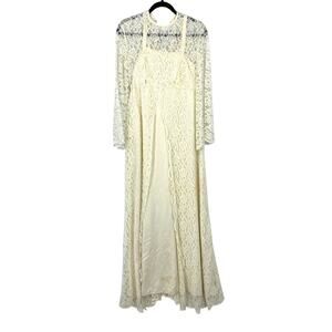 Vintage 70s Lace Maxi Prairie Boho Wedding Dress Women Size Medium Cream